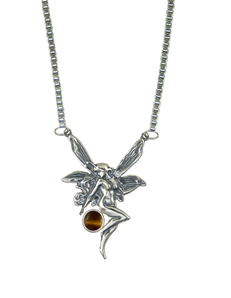 Sterling Silver Victorian Winged Fairy Necklace With Tiger Eye